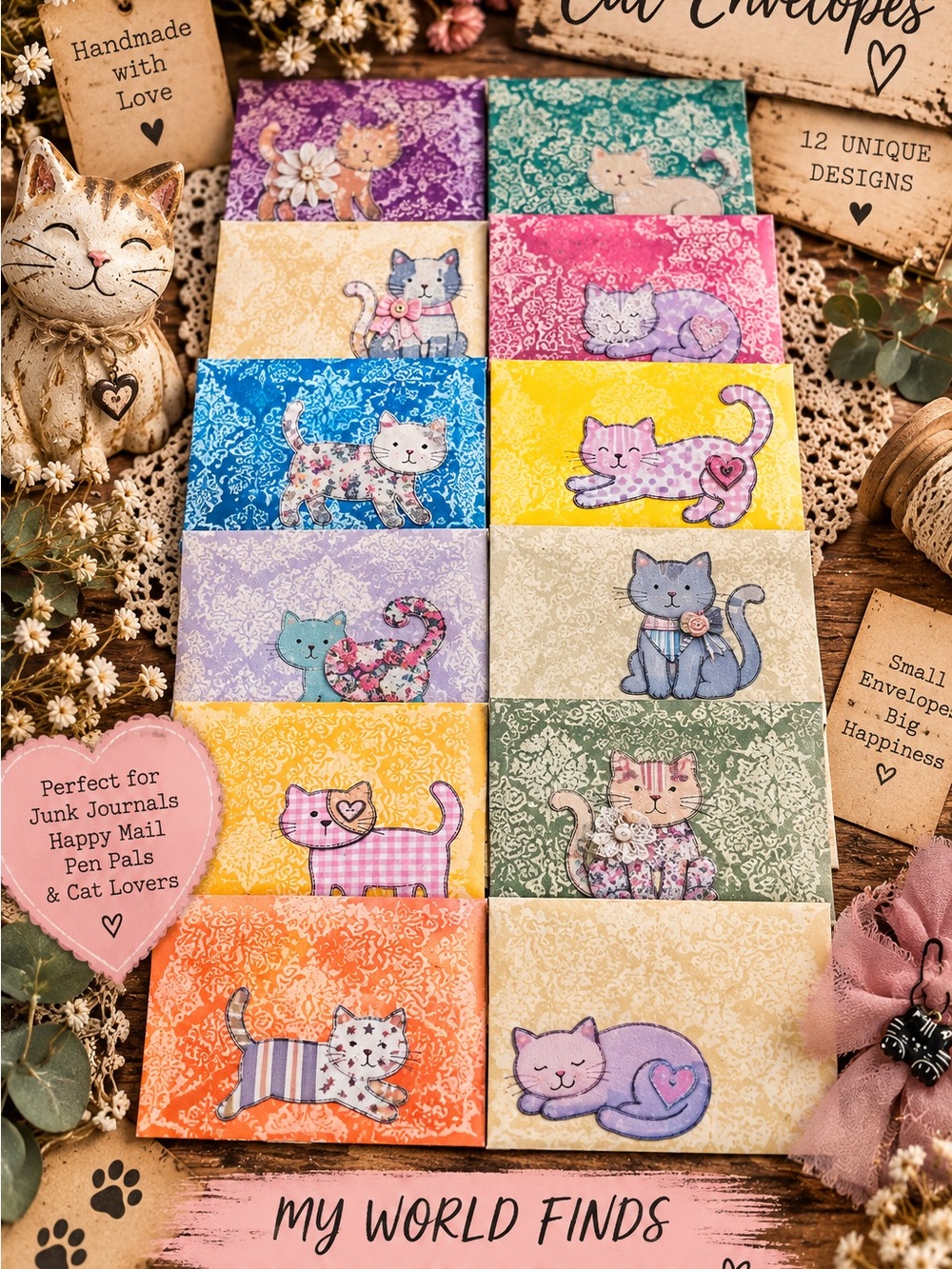 12 Handmade Cat Envelopes Junk Journal Vintage Shabby Chic Paper Ephemera Set